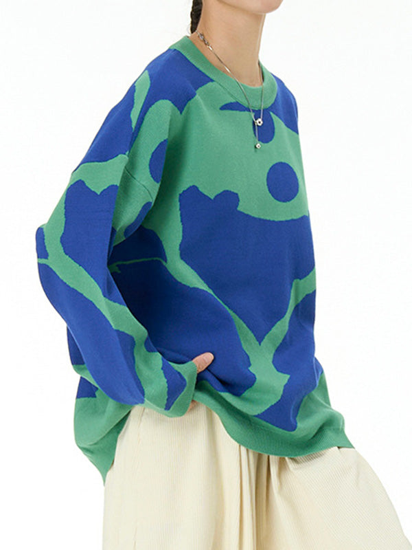 Long Sleeves Loose Contrast Color Velvet Round-Neck Pullovers Sweater Tops