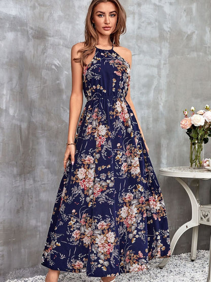 Halterneck Split Casual Resort Print Dress For Women
