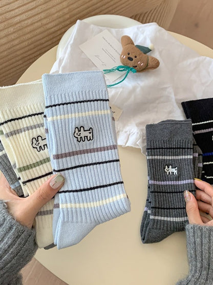 Rufia - Stripe Mid-Calf Capsule Sock with Puppy Patterns