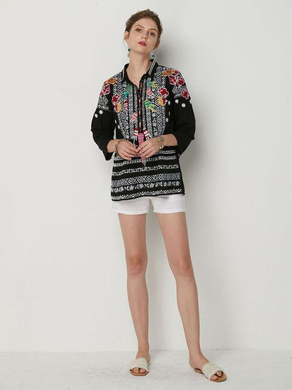Casual V-Neck Floral Print Boho Blouses Tops