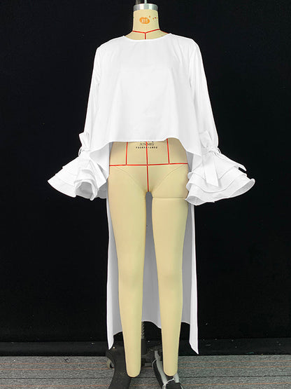 High-Low Loose Solid Color Split-Joint Tiered Round-Neck Blouses&Shirts Tops
