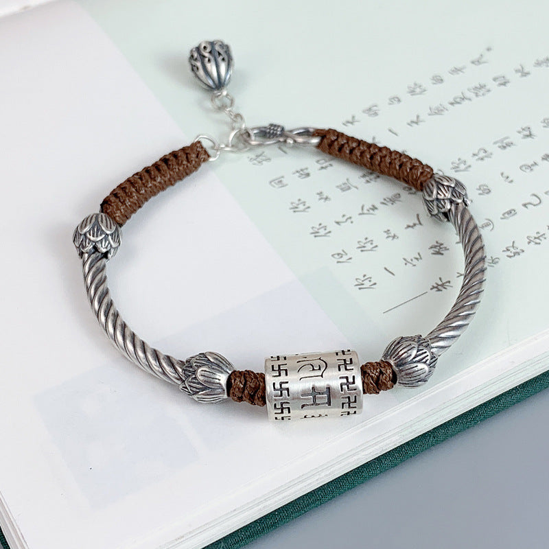 925 Sterling Silver Six-Character Mantra Transfer Beads Heart Sutra Lovers Bracelet