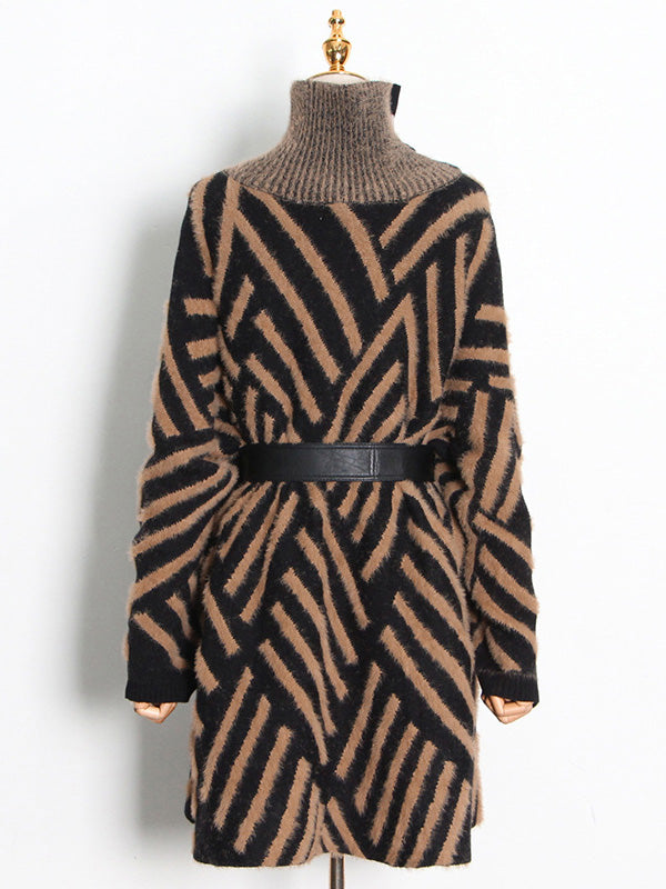 Urban Loose With Belted High-Neck Knitting Sweater