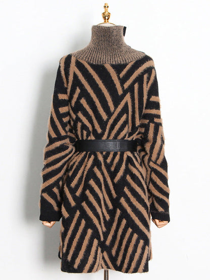 Urban Loose With Belted High-Neck Knitting Sweater