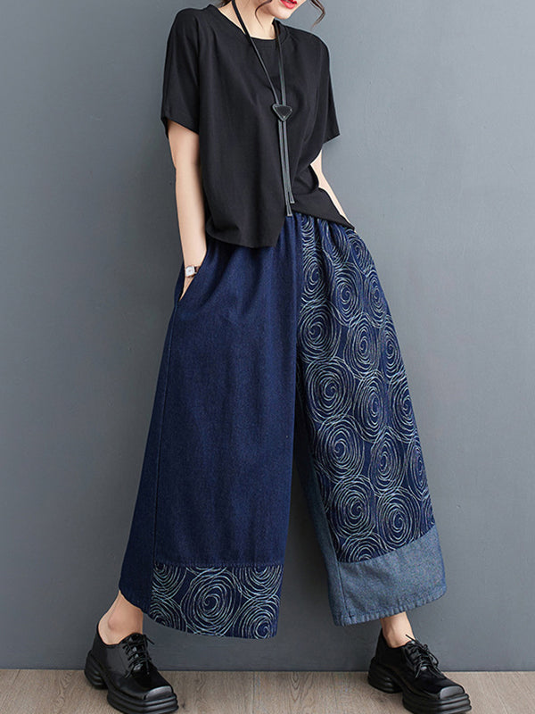 High Waisted Loose Asymmetric Elasticity Printed Split-Joint Jean Pants Bottoms