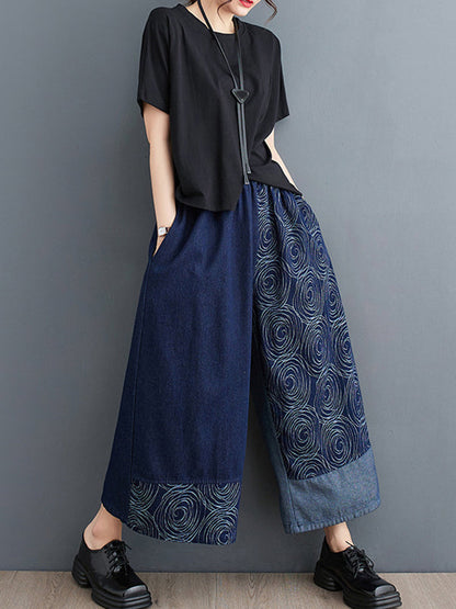 High Waisted Loose Asymmetric Elasticity Printed Split-Joint Jean Pants Bottoms