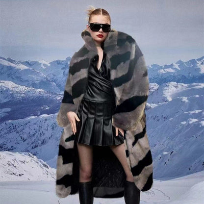 Faux Fur Tiger Print Long Coat Loose Light Luxury