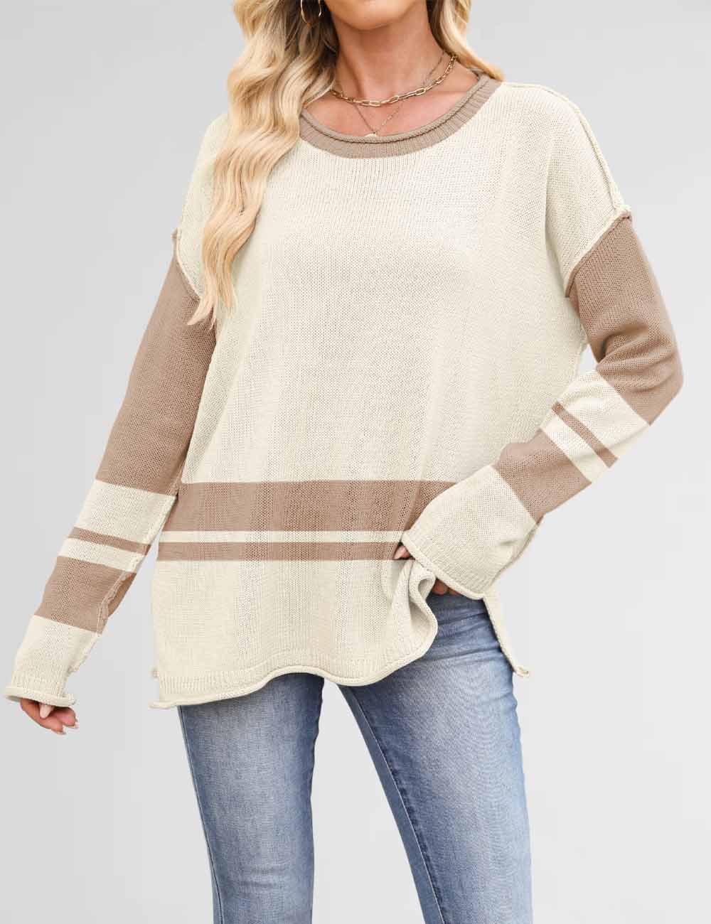 Color Block Round Neck Loose Sweater
