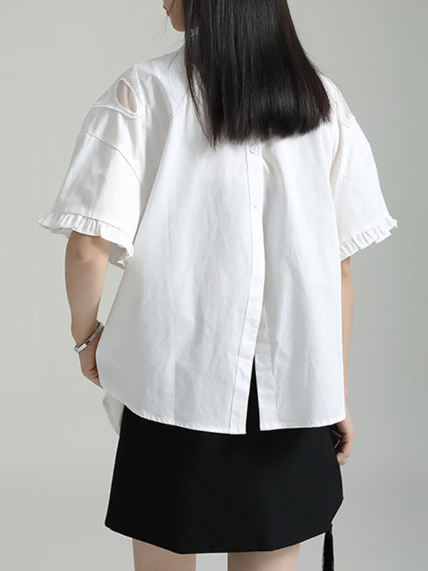 Half Sleeves Loose Buttoned Mesh Reversible See-Through Split-Back Split-Joint Lapel Blouses&Shirts Tops