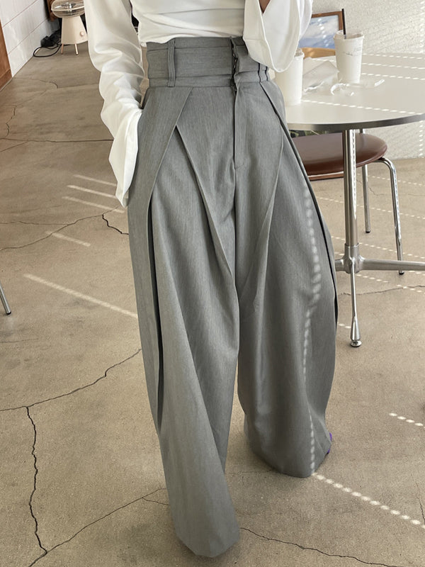 Wide Leg Pockets Solid Color Zipper Casual Pants Bottoms