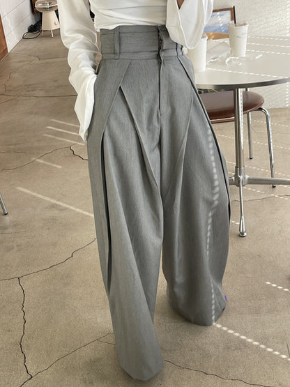 Wide Leg Pockets Solid Color Zipper Casual Pants Bottoms