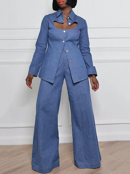 Long Sleeves Loose Buttoned Hollow Lapel Blouses&Shirts Tops