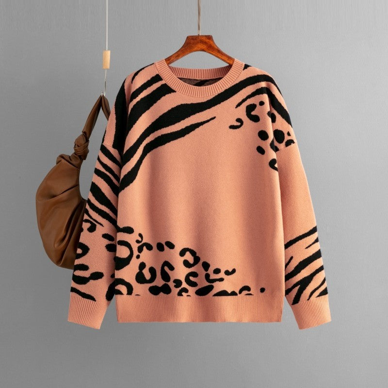 Leopard Print Long Sleeve Crew Neck Loose Sweater