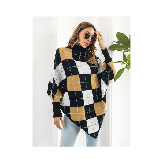 Casual Loose Batwing Sleeves Checkerboard High-Neck Sweater Tops