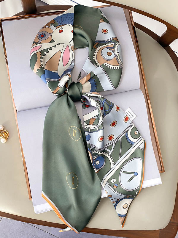 Otiginal Clock Cartoon Printed Silk Scarf
