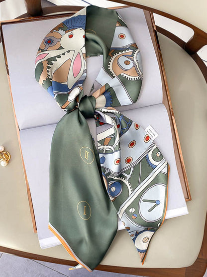 Otiginal Clock Cartoon Printed Silk Scarf