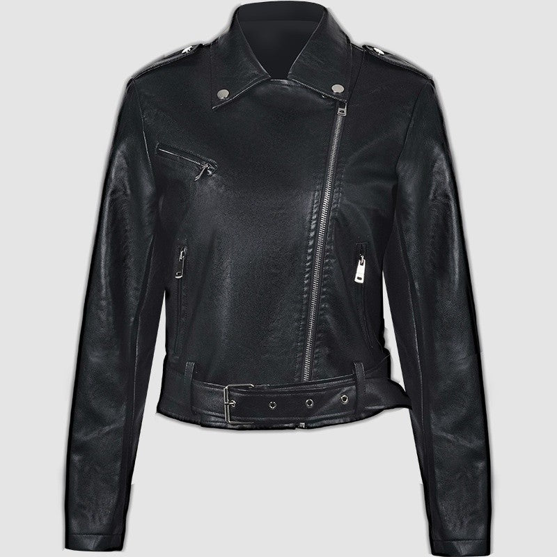 PU Retro Belted Biker Jacket Lapel Collar