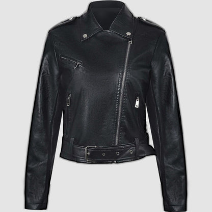 PU Retro Belted Biker Jacket Lapel Collar