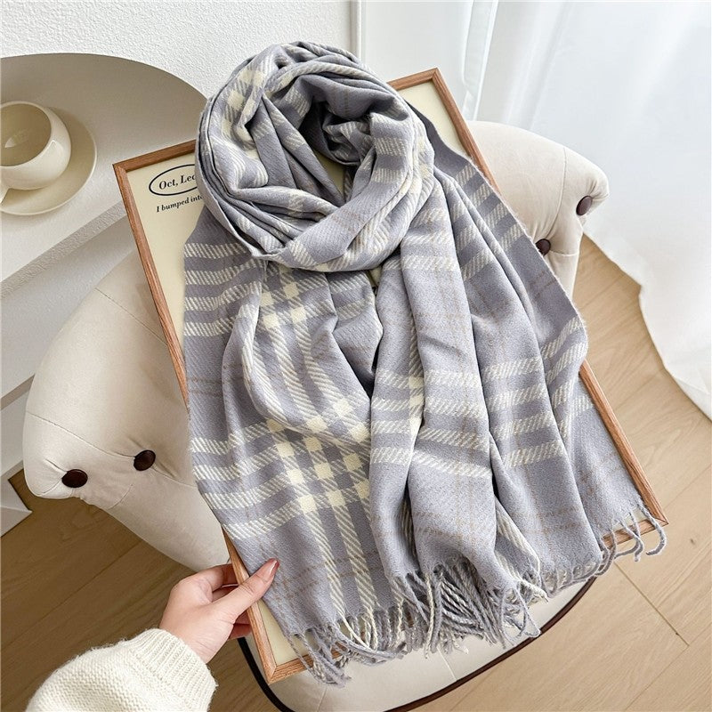 Color Block Plaid Fringe Scarf