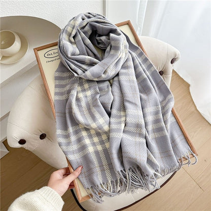 Color Block Plaid Fringe Scarf