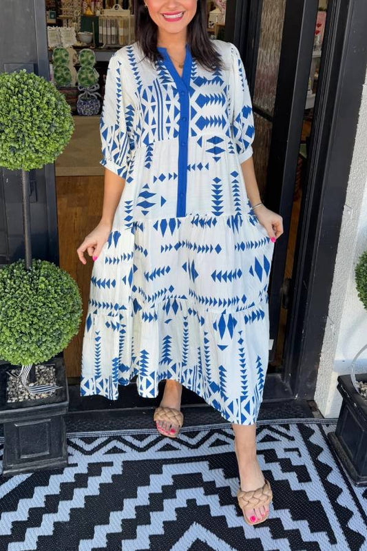 Women's Button V Neck Geometric Print Dress