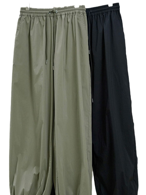 Loose Wide Leg Drawstring Elasticity Pleated Solid Color Split-Joint Casual Pants Bottoms