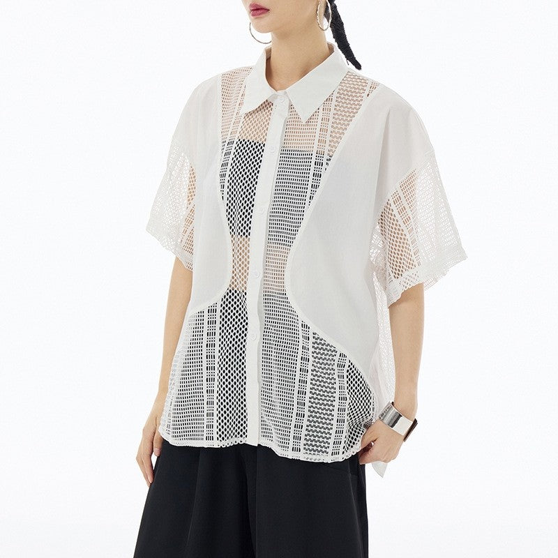 Sheer Mesh Polo Collar Short Sleeve Shirt  Loose Fit, Slimming Effect, Stylish & Versatile Top For Women