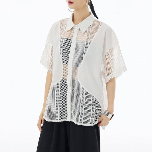 Sheer Mesh Polo Collar Short Sleeve Shirt  Loose Fit, Slimming Effect, Stylish & Versatile Top For Women