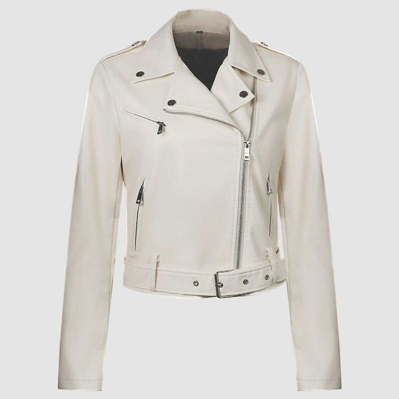 PU Retro Belted Biker Jacket Lapel Collar