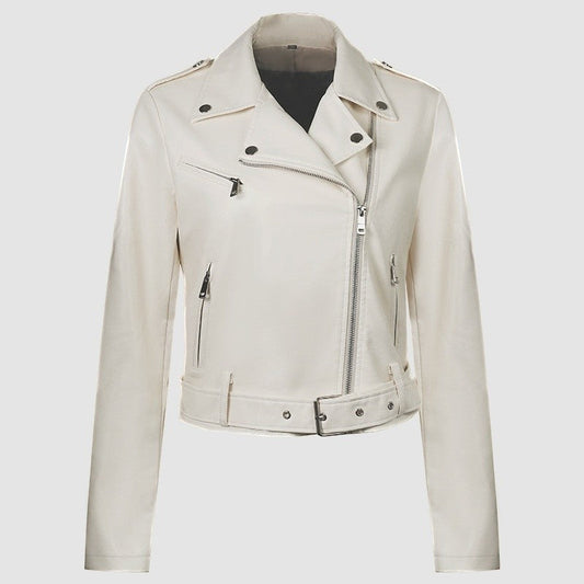 PU Retro Belted Biker Jacket Lapel Collar