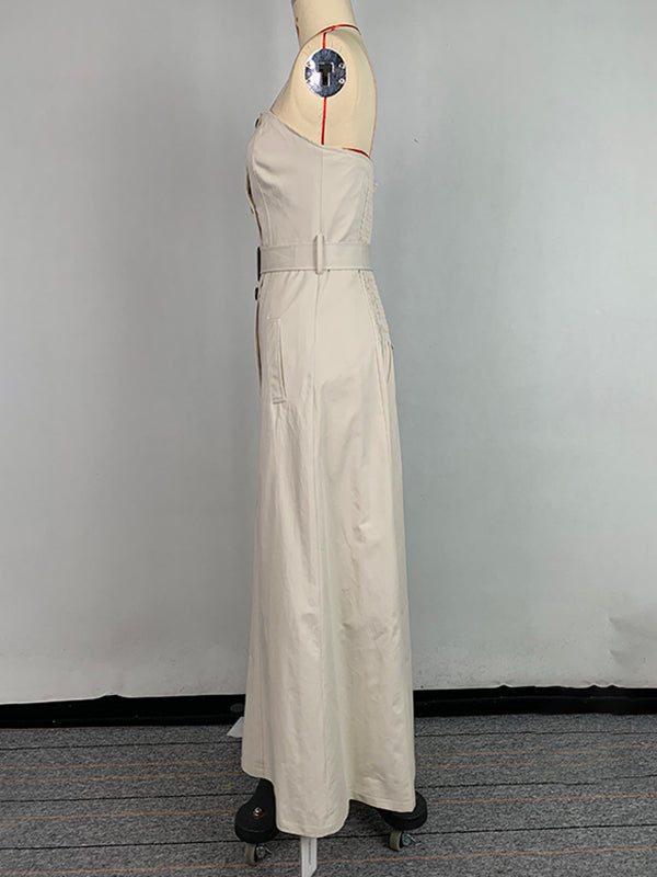 A-Line Loose Belted Buttoned Tube Maxi Dresses