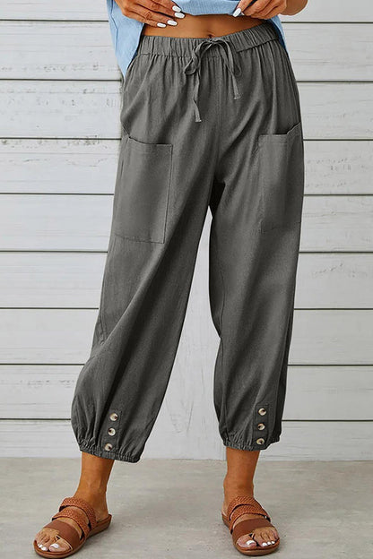 Loose casual button down cropped cotton linen trousers wide leg