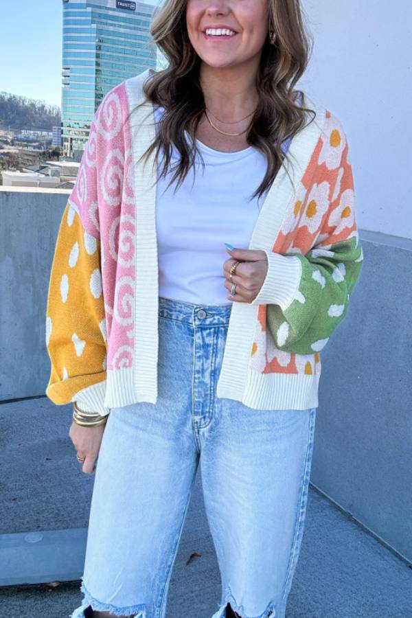 Orange Flower \u0026 Dotted Print Colorblock Open Front Cardigan