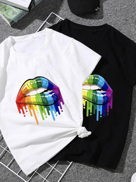Summer Casual Sexy Color Lip Gloss Short-Sleeved Fashion Round Neck Cotton T-Shirt