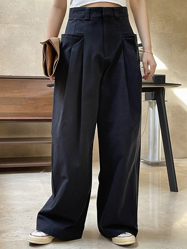 Original Loose Wide Legs Pleated Solid Color Pants