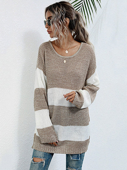 Simple Loose Contrast Color Striped Round-Neck Sweater