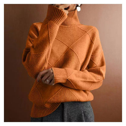 Fashion High Neck Diamond Texture Solid Color Pullover