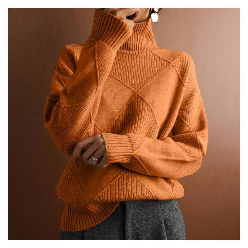 Fashion High Neck Diamond Texture Solid Color Pullover