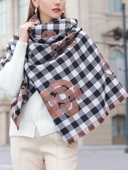 Fringed Keep Warm Knitted Flower Plaid Shawl&Scarf