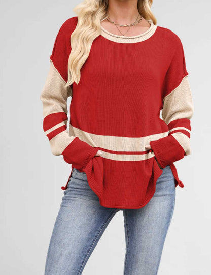 Color Block Round Neck Loose Sweater