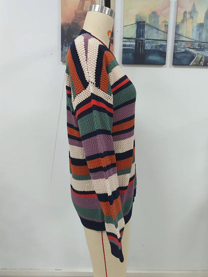 Original Long Sleeves Loose Contrast Color Striped Round-Neck Sweater Tops