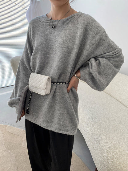 Loose Puff Sleeves Split-Side Solid Round-Neck Sweater Tops