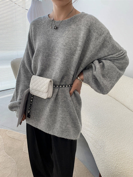 Loose Puff Sleeves Split-Side Solid Round-Neck Sweater Tops