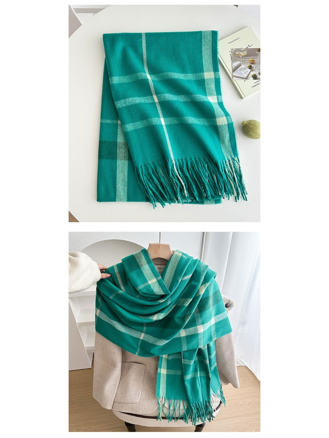 Scarvii - Reversible Color-Block Plaid Scarf with Fringe