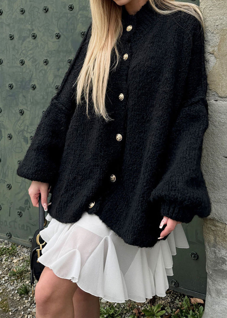 Oversized Button Front Knit Cardigan Beige Black