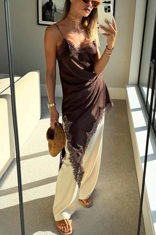 Elouise Satin Lace Trim V-neck Asymmetrical Hem Slip Mini Dress