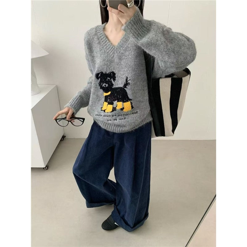 Heavyweight Embroidered Dog Sweater Women's V-Neck Knit Top