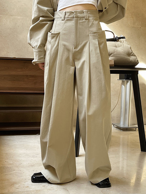 Original Loose Wide Legs Pleated Solid Color Pants