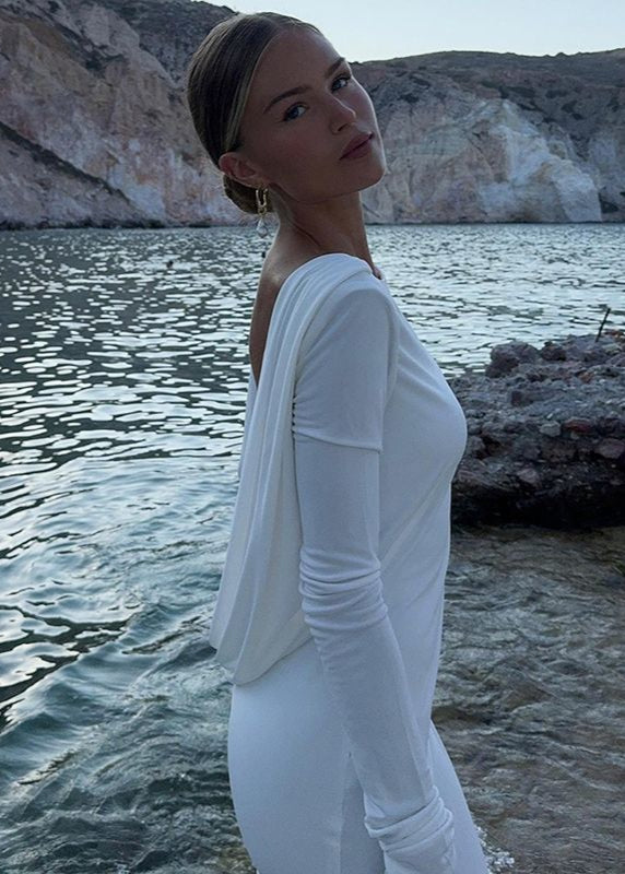 Backless Long Sleeve Maxi Dress In Silky Polyester