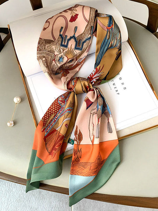 Vintage Printed Contrast Color Silk Scarf